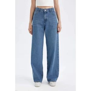 D8102 Wide Leg Yüksek Bel Uzun Jean Yıkamalı Pantolon