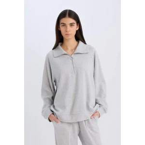 D9009 Yarım Fermuarlı Dik Yaka Basic Sweatshirt