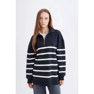 D9136 Relax Fit Polo Yaka Çizgili İçi Yumuşak Tüylü Kalın Sweatshirt Tunik