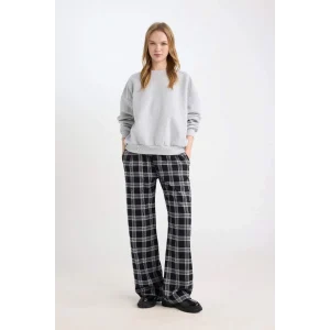 D9548 Pijama Pantolon Wide Leg Geniş Bol Paça Kareli Normal Bel Lastikli Cepli