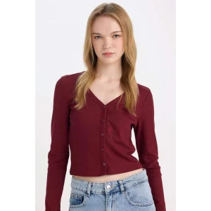 D9619 Fitted V Yaka Basic Düz Fitilli Kaşkorse Hırka