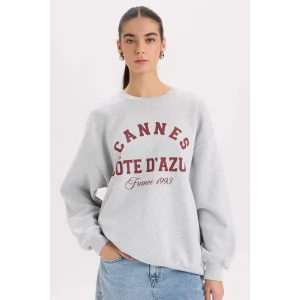 D9803 Oversize Geniş Kalıp Bisiklet Yaka Baskılı Kalın Sweatshirt