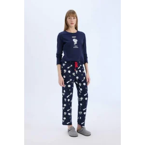 E0228 Snoopy Regular Fit Uzun Kollu Üst Beli Lastikli Uzun Alt Pijama Takımı