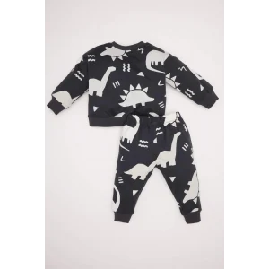 E0674 Erkek Bebek 2li Takım Dinazor Baskılı Sweatshirt Beli Lastikli Eşofman Altı