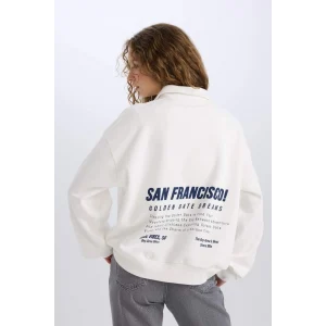 E1524 Oversize Geniş Kalıp Yarım Fermuarlı Sırt Baskılı Kalın Sweatshirt