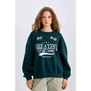 E1696 Loose Fit Bisiklet Yaka Baskılı Kalın Sweatshirt