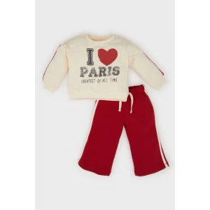 E2214 Kız Bebek Bisiklet Yaka Baskılı Sweatshirt Beli Lastikli Eşofman Altı 2li Takım