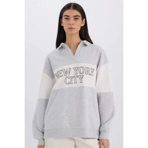 E3229 Relax Fit Polo Yaka Baskılı Kalın Sweatshirt