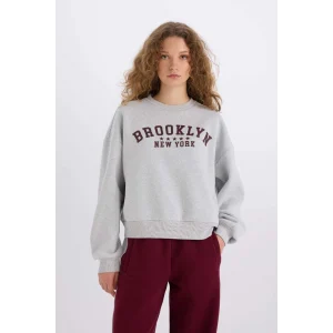 E3387 Loose Fit Bisiklet Yaka Baskılı Kalın Kumaş Sweatshirt