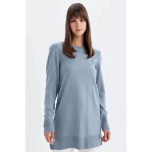 H3431 Regular Fit Bisiklet Yaka Yırtmaçlı Basic Düz Triko Kazak Tunik