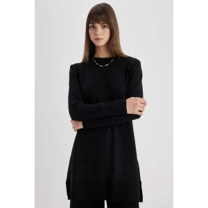 H3431 Regular Fit Bisiklet Yaka Yırtmaçlı Basic Düz Triko Kazak Tunik