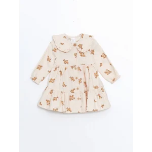 LCW baby Bej Bebe Yaka Çiçekli Kız Bebek Elbise