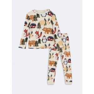 LCW baby Bej Bisiklet Yaka Baskılı Erkek Bebek Pijama Takımı