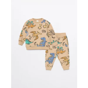 LCW baby Bej Bisiklet Yaka Uzun Kollu Baskılı Erkek Bebek Sweatshirt ve Eşofman Altı 2li Takım