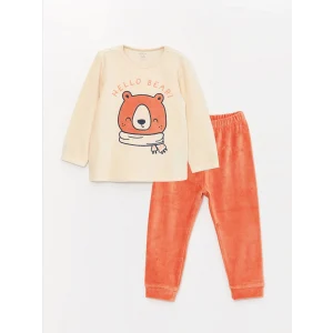 LCW baby Bej Bisiklet Yaka Uzun Kollu Baskılı Erkek Bebek Tişört Ve Pantolon 2li Takım