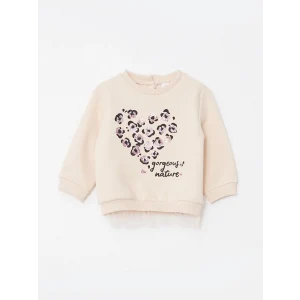 LCW baby Bej Bisiklet Yaka Uzun Kollu Baskılı Kız Bebek Sweatshirt