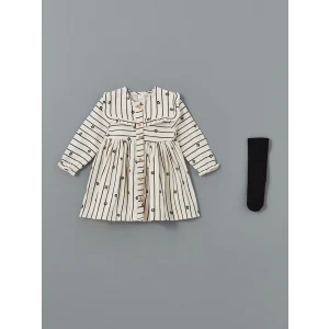 LCW baby Ekru Bebe Yaka Çiçekli Kız Bebek Elbise ve Külotlu Çorap 2li