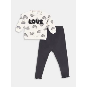 LCW baby Ekru Bisiklet Yaka Baskılı Kız Bebek Sweatshirt ve Tayt 2li