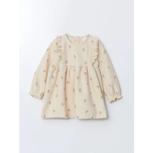 LCW baby Ekru Bisiklet Yaka Uzun Kollu Çiçekli Kız Bebek Elbise