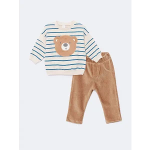 LCW baby Ekru Nakışlı Erkek Bebek Sweatshirt ve Pantolon 2li