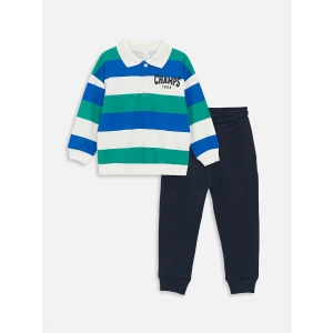 LCW baby Ekru Polo Yaka Uzun Kollu Baskılı Erkek Bebek Sweatshirt ve Pantolon 2li Takım