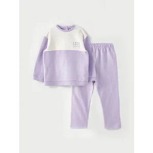 LCW baby Lila Bisiklet Yaka Uzun Kollu Baskılı Kız Bebek Sweatshirt ve Eşofman Alt 2li Takım