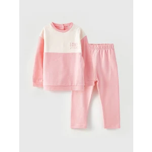 LCW baby Pembe Bisiklet Yaka Uzun Kollu Baskılı Kız Bebek Sweatshirt ve Eşofman Alt 2li Takım