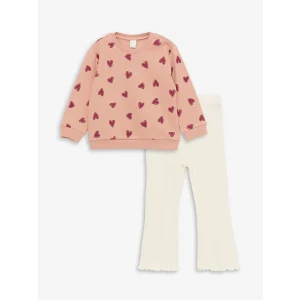 LCW baby Pembe Bisiklet Yaka Uzun Kollu Baskılı Kız Bebek Sweatshirt ve Tayt 2li Takım