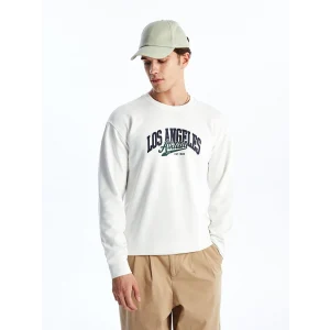 LCW Casual Ekru Bisiklet Yaka Uzun Kollu Baskılı Erkek Sweatshirt