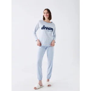 LCW DREAM Mavi Bisiklet Yaka Nakışlı Uzun Kollu Kadın Pijama Takımı