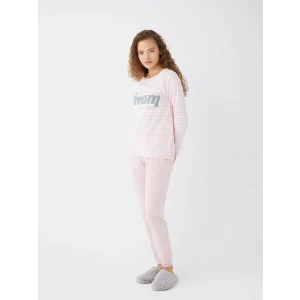 LCW DREAM Pembe Bisiklet Yaka Nakışlı Uzun Kollu Kadın Pijama Takımı