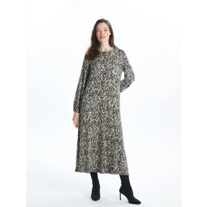 LCW Grace Bej Bisiklet Yaka Desenli Kadın Elbise