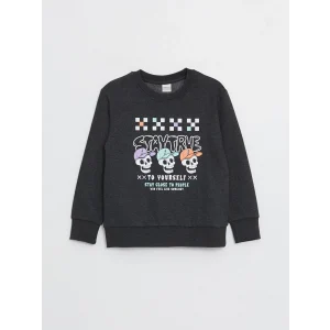 LCW Kids Antrasit Bisiklet Yaka Baskılı Uzun Kollu Erkek Çocuk Sweatshirt
