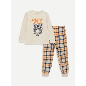 LCW Kids Bej Bisiklet Yaka Baskılı Uzun Kollu Erkek Çocuk Pijama Takımı