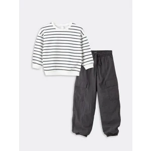 LCW Kids Bej Bisiklet Yaka Çizgili Erkek Çocuk Sweatshirt ve Pantolon 2li