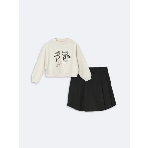 LCW Kids Bej Bisiklet Yaka Kız Çocuk Tişört ve Şort Etek