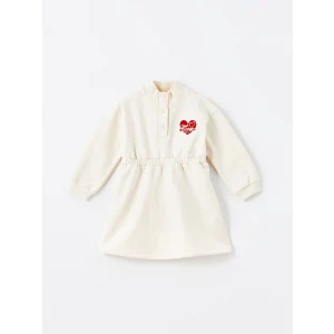 LCW Kids Bej Dik Yaka Uzun Kollu Kız Bebek Elbise