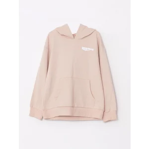 LCW Kids Bej Kapüşonlu Baskılı Uzun Kollu Kız Çocuk Sweatshirt