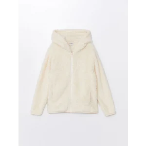 LCW Kids Bej Kapüşonlu Pelüş Kız Çocuk Fermuarlı Sweatshirt
