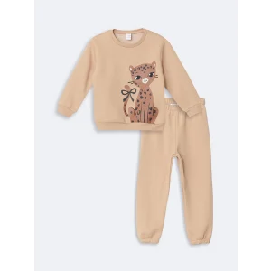 LCW Kids Bej Kedi Baskılı Kız Bebek Sweatshirt ve Eşofman Alt 2li
