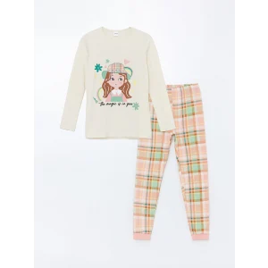 LCW Kids Ekru Bisiklet Yaka Baskılı Uzun Kollu Kız Çocuk Pijama Takımı