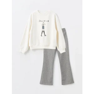 LCW Kids Ekru Bisiklet Yaka Baskılı Uzun Kollu Kız Çocuk Sweatshirt ve Tayt