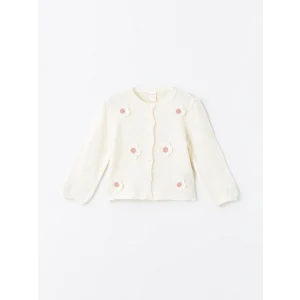 LCW Kids Ekru Bisiklet Yaka Çiçek Nakışlı Kız Çocuk Triko Hırka