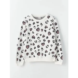 LCW Kids Ekru Bisiklet Yaka Desenli Uzun Kollu Kız Çocuk Triko Kazak