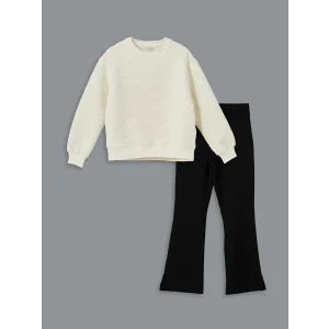 LCW Kids Ekru Bisiklet Yaka Kız Çocuk Sweatshirt ve Tayt