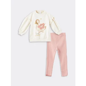 LCW Kids Ekru Bisiklet Yaka Uzun Kollu Baskılı Kız Bebek Sweatshirt ve Tayt 2li