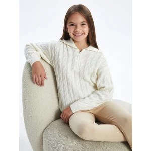 LCW Kids Ekru Polo Yaka Kız Çocuk Triko Kazak