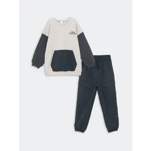 LCW Kids Gri Bisiklet Yaka Uzun Kollu Baskılı Erkek Bebek Sweatshirt ve Eşofman Alt 2li Takım