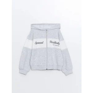 LCW Kids Gri Kapüşonlu Baskılı Uzun Kollu Kız Çocuk Fermuarlı Sweatshirt