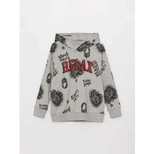 LCW Kids Gri Rahat Kalıp Kapüşonlu Baskılı Erkek Çocuk Tişört